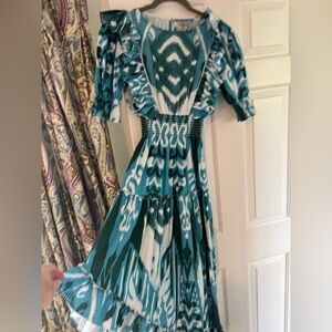 Sheridan French Elegant Teal Patterned Midi Dress